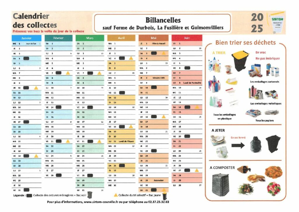 Calendrier des collectes des ordures ménagères Billancelles 2025